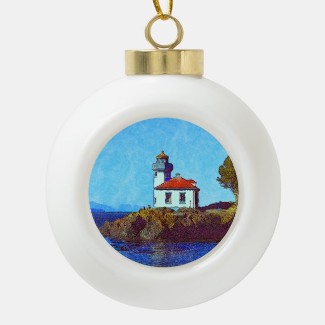 Friday Harbour Lime Kiln Lighthouse Ceramic Ball Christmas Ornament (Front)