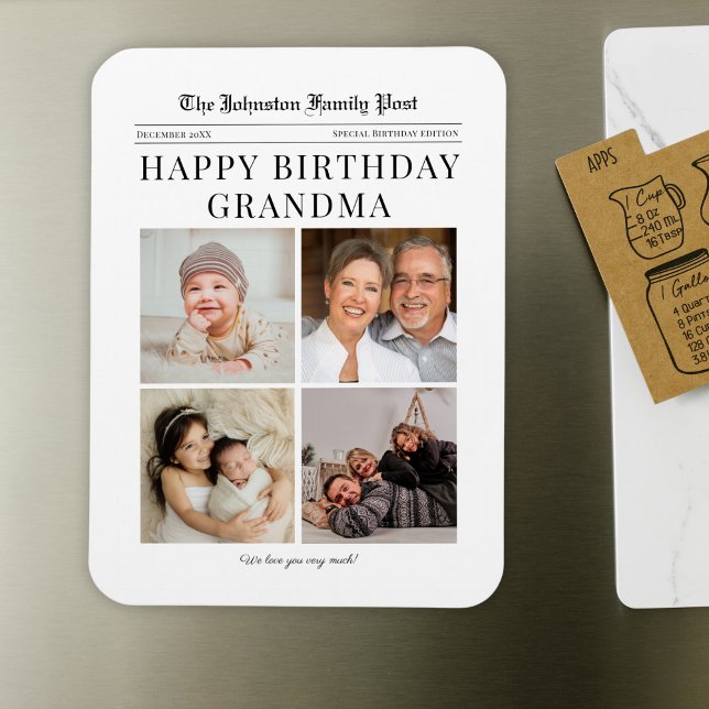 Fridge Magnet Birthday Photo Collage for Grandma (Large custom fridge magnet with your custom family photos in a newspaper style grandma birthday gift)