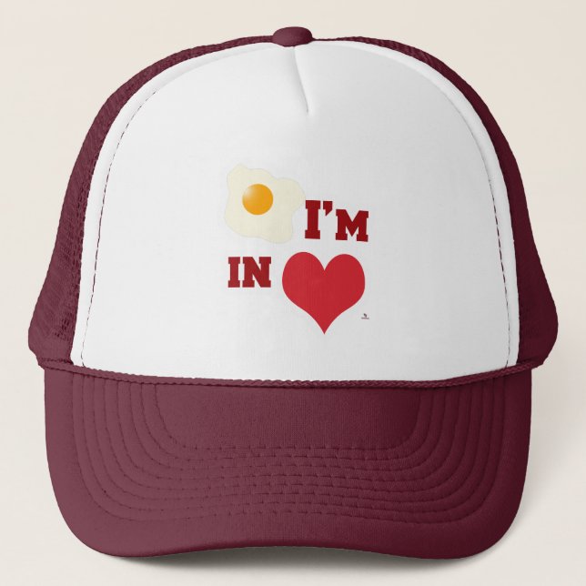 Fried Egg I Am In Love Fun Heart Slogan Trucker Hat (Front)