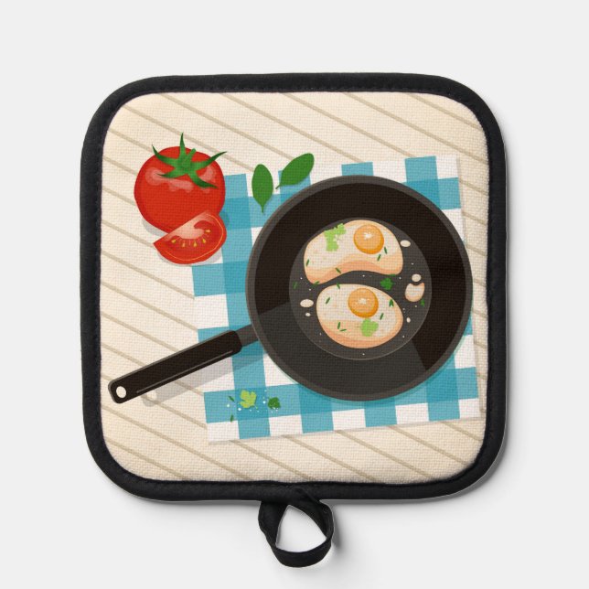 Fried eggs in pan with tomato and greens pot holder (Front)