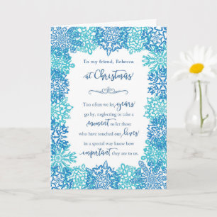 Friend at Christmas Blue Snowflakes Personalised Card