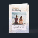 Friend Birthday Photo Modern Bible Verse Christian Card<br><div class="desc">Friend Birthday photo card depicts a modern tan and blue simple leaf design background. It features Bible Verse Proverbs 27:9,  "A sweet friendship refreshes the soul." The inside scripture Proverbs 27:17,  "Friends sharpen the minds of each other." The greeting can be personalised or deleted for a hand written message.</div>