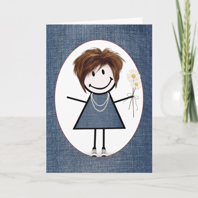 Friend Birthday Stick Figure Girl with Daisies Card (Front)