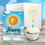Friend Birthday Yellow Orange Smiling Sun Card<br><div class="desc">Send warm,  sunny birthday vibes with this adorable card showing a happy sun in a bright blue sky. Inside message: “The sun started shining just a little brighter on the day you were born.” Perfect for spreading smiles and positivity!</div>
