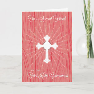 Friend First Communion Cross and Rays on Pink Wood Card