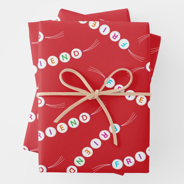 Friend fun cute friendship bracelet pattern red wrapping paper sheet (In situ)