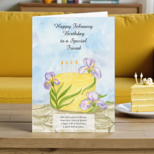 Friend Happy February Irises Birthday Cake Card