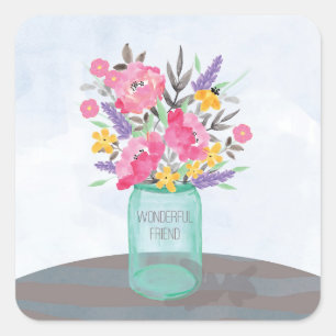 Friend Mother's Day Jar Vase with Flowers Square Sticker