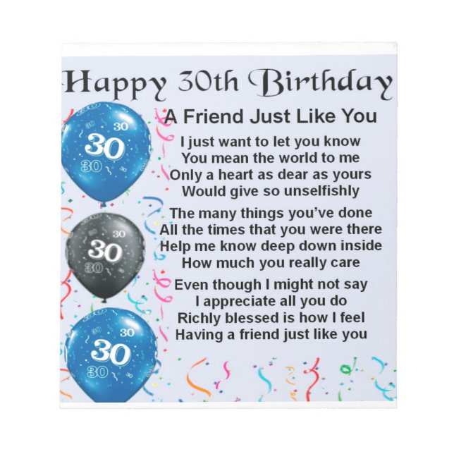 Friend Poem - 30th Birthday Notepad (Front)