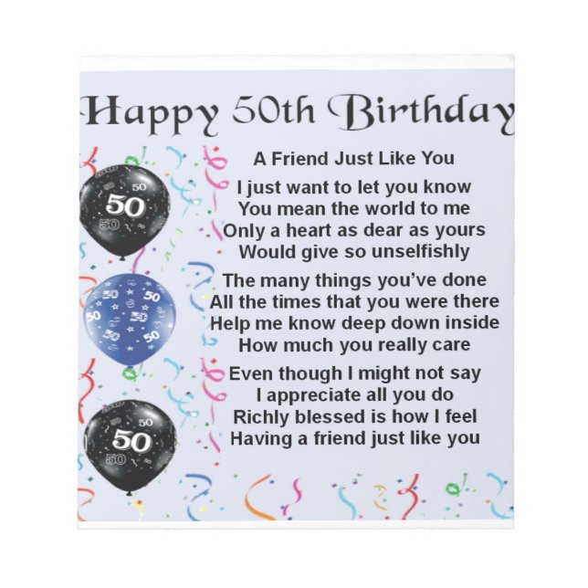 Friend Poem 50th Birthday Notepad (Front)