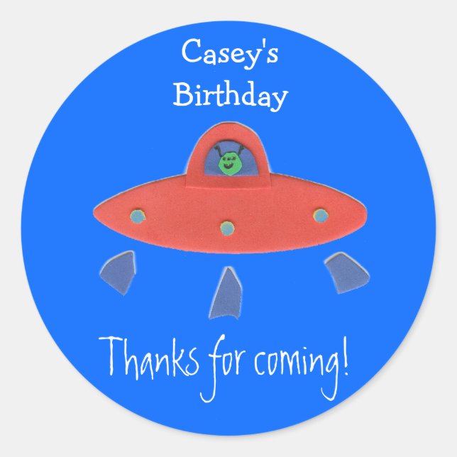 Friendly alien birthday favour label (Front)