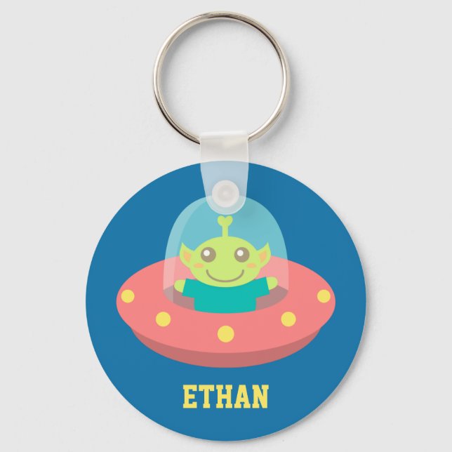 Friendly Alien in Spaceship, Outer Space Key Ring (Front)