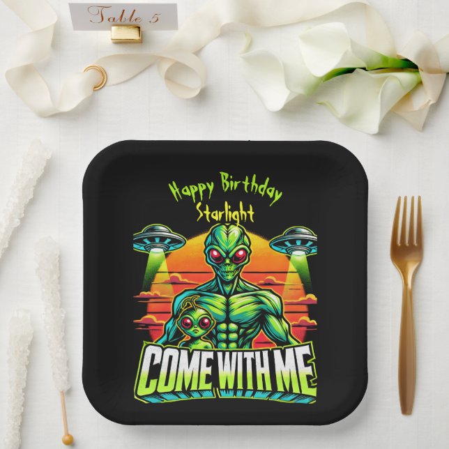 Friendly Aliens Explore Cosmic Adventures Paper Plate (Wedding)