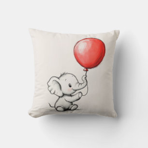 Friendly Baby Elephant with Red Balloon Cushion