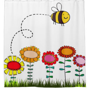 Friendly Bee Flying Above the Flowers on White Shower Curtain