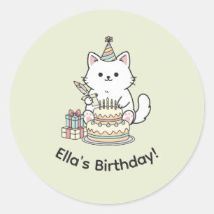 Friendly Cat Birthday Celebration Cake Presents  Classic Round Sticker