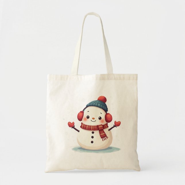 Friendly Cozy Kawaii Snowman Snowflake Tote Bag (Front)