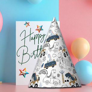 Friendly Dinosaurs in Cars Pattern Birthday Party Hat