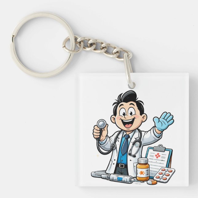 Friendly Doctor Mascot Medical Cartoon Design Key Ring (Front)