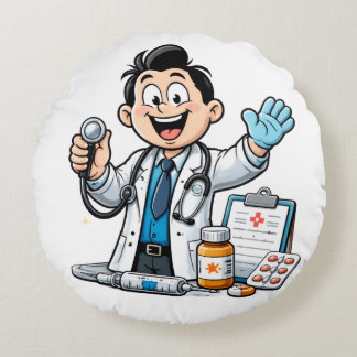 Friendly Doctor Mascot Medical Cartoon Design Round Cushion