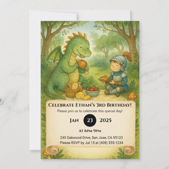 Friendly Dragon and Little Knight Picnic Birthday Invitation (Front)