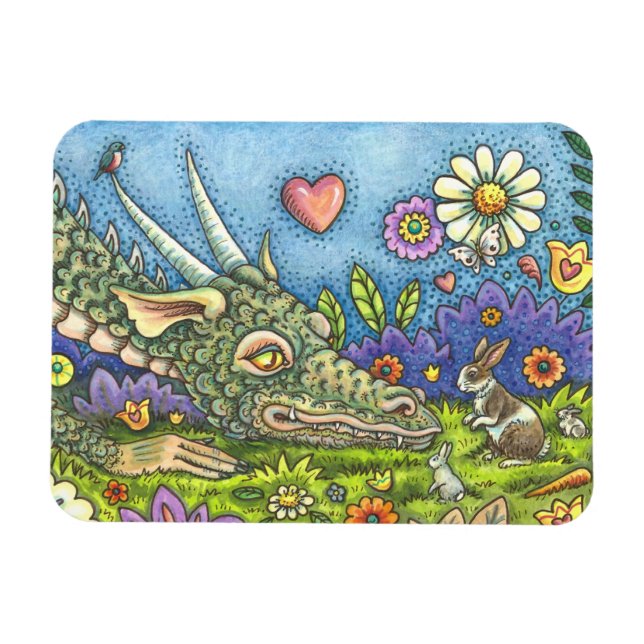 FRIENDLY EASTER DRAGON ON BUNNY TRAIL Cute Fantasy Magnet (Horizontal)