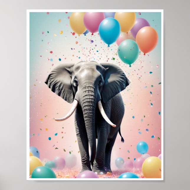Friendly elephant colourful balloons confetti Art Poster (Front)