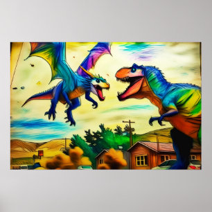 Friendly Encounter - Dragon and Dinosaur Poster