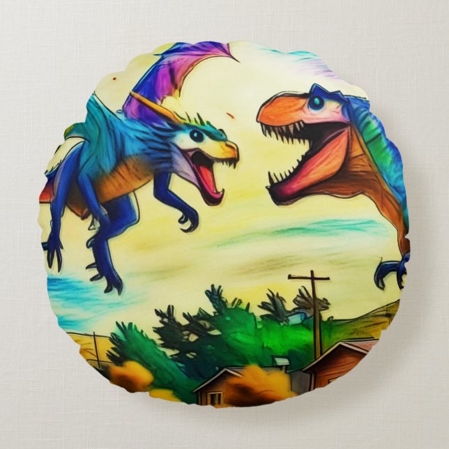 Friendly Encounter - Dragon and Dinosaur Round Cushion (Front)
