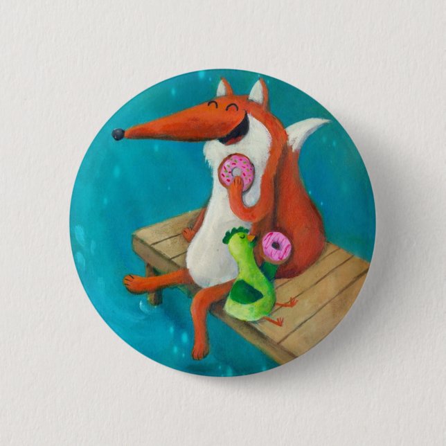 Friendly Fox and Chicken eating doughnuts 6 Cm Round Badge (Front)