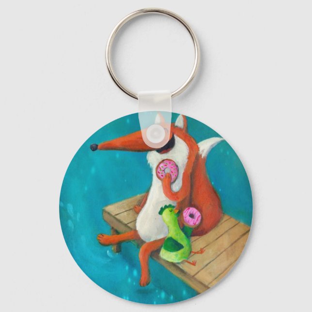 Friendly Fox and Chicken eating doughnuts Key Ring (Front)