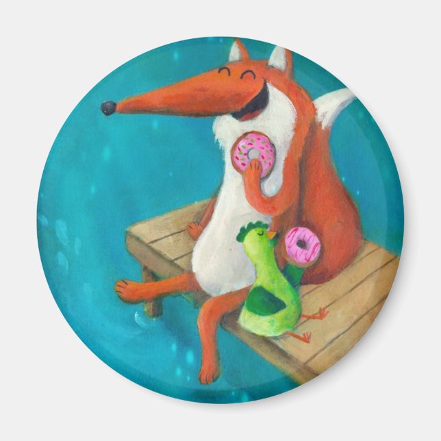 Friendly Fox and Chicken eating doughnuts Magnet (Front)