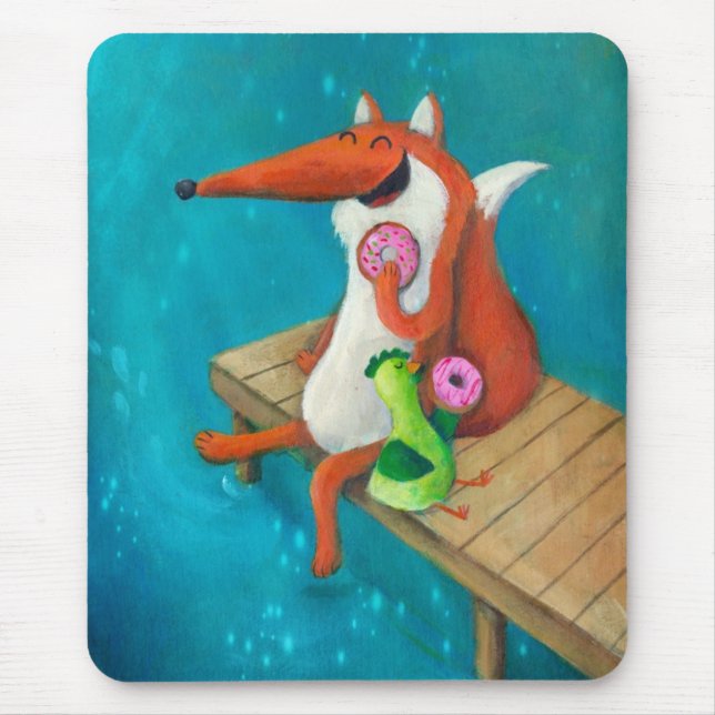 Friendly Fox and Chicken eating doughnuts Mouse Pad (Front)