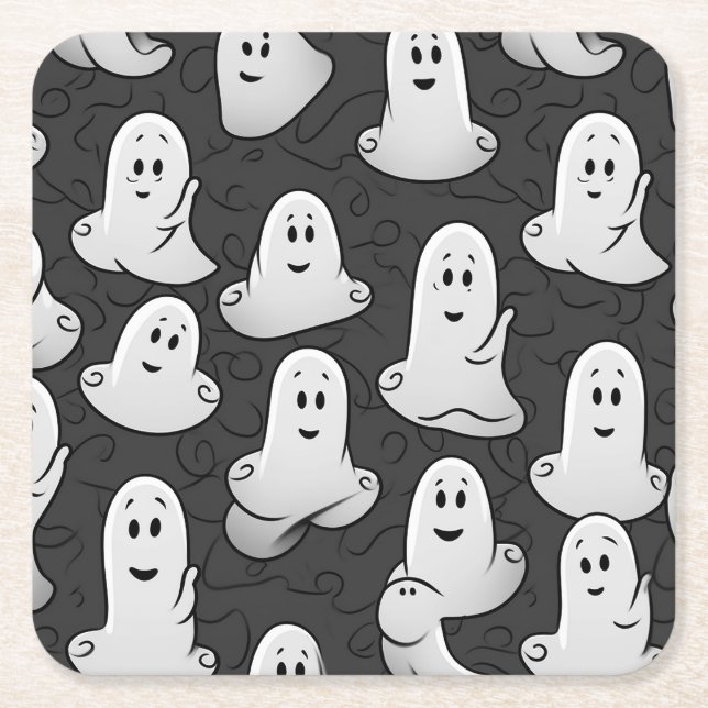 Friendly Ghost Square Paper Coaster (Front)