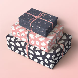 Friendly Ghosts and Sparkles Halloween Patterns Wrapping Paper Sheet