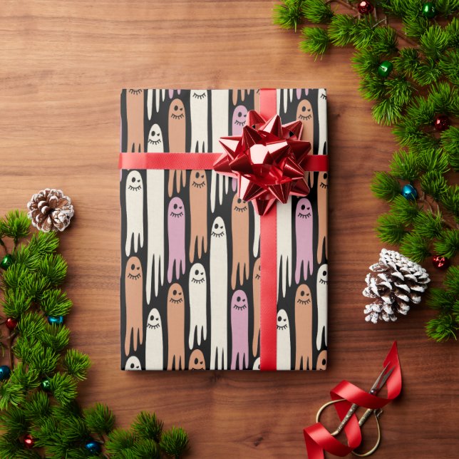 Friendly Ghosts in Cream Orange and Pink  Wrapping Paper (Holiday Gift)