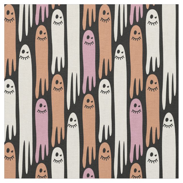 Friendly Ghosts retro colours on black – Halloween Fabric (Close Up)