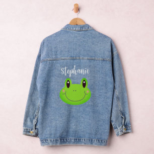 Friendly Green Modern Cartoon Frog Denim Jacket