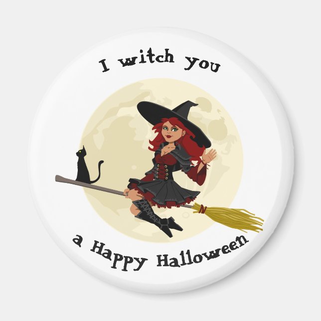 Friendly halloween witch on broom and black cat magnet (Front)