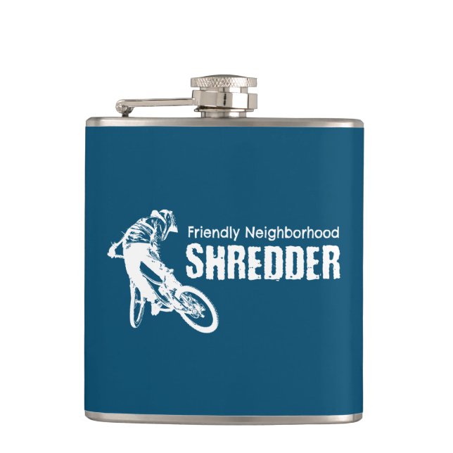 Friendly Neighbourhood Shredder Mountain Biking Hip Flask (Front)