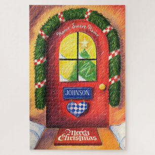 Friendly Red Merry Christmas Front Door Cozy Home Jigsaw Puzzle