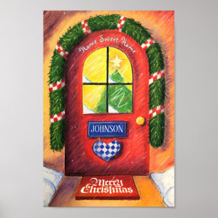Friendly Red Merry Christmas Front Door Cozy Home Poster