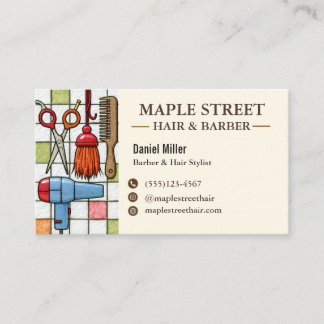 Friendly Retro Barber Hair Stylist Stained Glass B Business Card