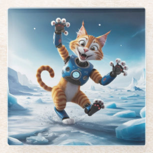 Friendly robot cat on another icy planet glass coaster