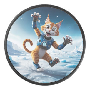 Friendly robot cat on another icy planet hockey puck