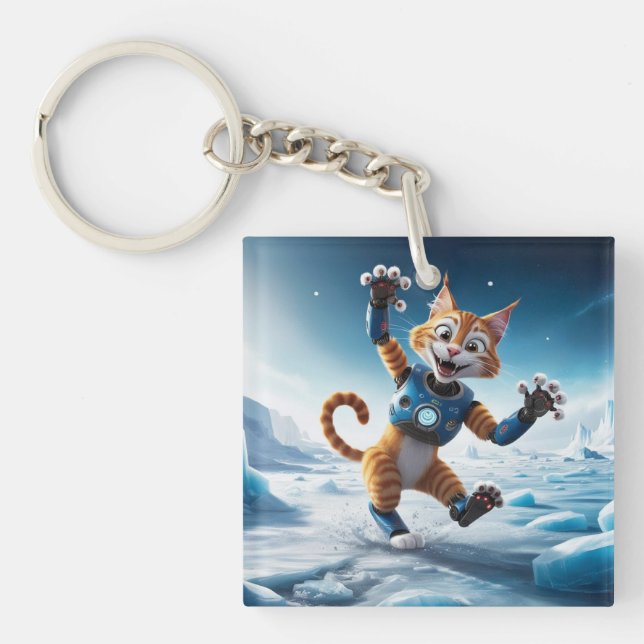 Friendly robot cat on another icy planet key ring (Front)