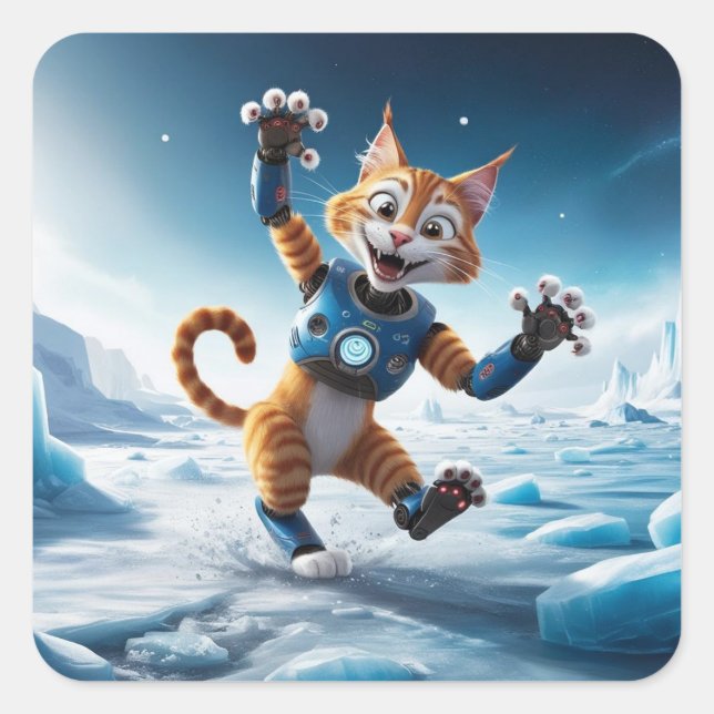 Friendly robot cat on another icy planet square sticker (Front)