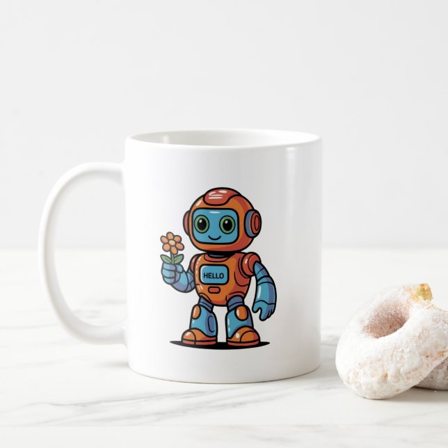 Friendly Robot Holding Flower Cartoon White Coffee Mug (With Donut)