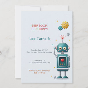 Friendly Robot Kids Birthday Party Invitation