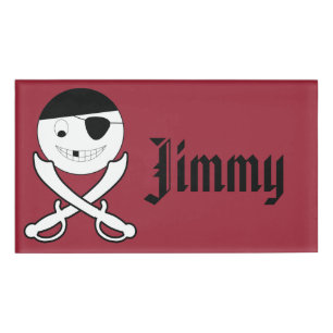 Friendly Smiling Pirate with Crossed Swords on Red Name Tag